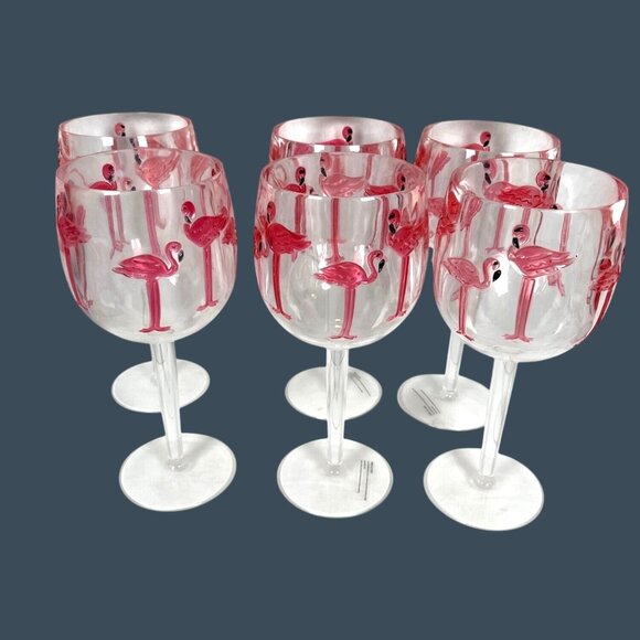 Pink Flamingo Clear Acrylic Wine Goblet Glasses Indoor Outdoor Pool Beach Party - Picture 1 of 10